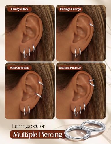 Tungary Small Gold Hoop Earrings for Women Huggie CZ Hoops Earring Stacks | Hypoallergenic Earing Hoops for Sensitive Ears, Earrings Stack Set for Cartilage, Secure Clasp, Silver/Black/14K Gold Plated - color: Silver-Plain Huggies
