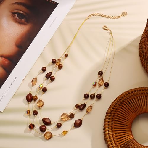 Coiris 3 Layers Illusion Wire Beaded Statement 19.5" Necklace for Women - color: N0005-Brown