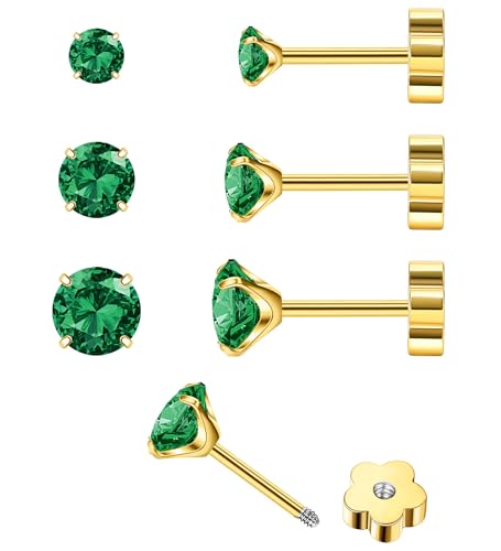14K Gold CZ Flat Back Earrings for Women Hypoallergenic Cartilage Cubic Zirconia Earrings Studs 20G Handmade Nap Screw Back Earrings for Helix Conch Multiple Piercing - color: Green-CZ