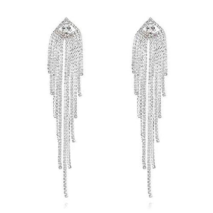 Silver Rhinestone Crystal Bridal Chandelier Long Tassels Dangle Earrings for Wedding - color: C-3