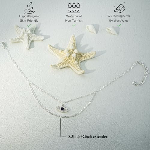 Bheop Ankle Bracelets for Women 14K Gold Silver Plated Waterproof Anklets | Evil Eye Pearl Heart Conch Shell Charm, Boho Adjustable Foot Chain, Dainty Summer Beach Jewelry Gifts, Non Tarnish - color: SL-Layered Evil Eye