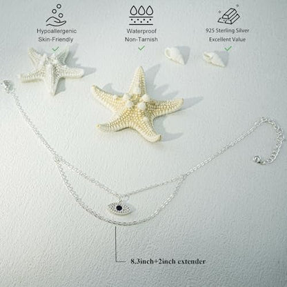 Bheop Ankle Bracelets for Women 14K Gold Silver Plated Waterproof Anklets | Evil Eye Pearl Heart Conch Shell Charm, Boho Adjustable Foot Chain, Dainty Summer Beach Jewelry Gifts, Non Tarnish - color: SL-Layered Evil Eye