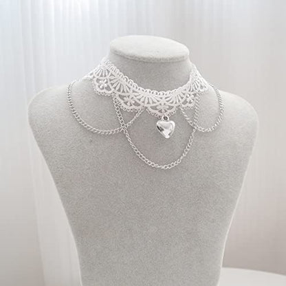 Bethynas Gothic White Lace Sexy Choker Necklace Heart Butterfly Pendant Tassel Collar Neck Chain Bridal Wedding Jewelry for Women Girls - color: Style A