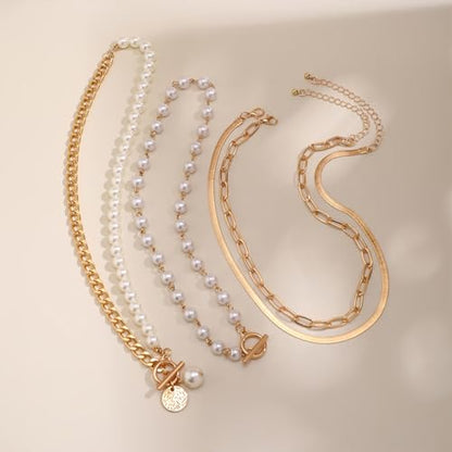 Chunky Gold Layered Big Pearl Necklaces Set Bulk for Women Trendy | Luxury Stack Half Chain Half Pearl Beads Statement Necklace OT Buckle Paperclip Choker Vintage Coin Pendant Necklaces Jewelry