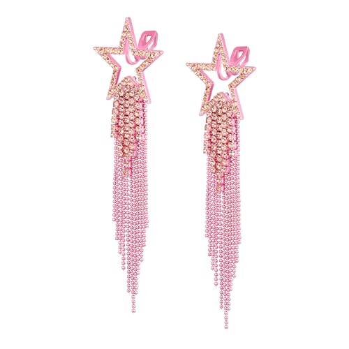 EVER FAITH Crystal Long Waterfall Star Tassel Clip-on Earrings for Women | Rhinestone Beaded Fringe Chandelier Dangle Statement Earring, Wedding Party Jewelry - color: Hot Pink Pink-Tone
