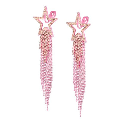 EVER FAITH Crystal Long Waterfall Star Tassel Clip-on Earrings for Women | Rhinestone Beaded Fringe Chandelier Dangle Statement Earring, Wedding Party Jewelry - color: Hot Pink Pink-Tone