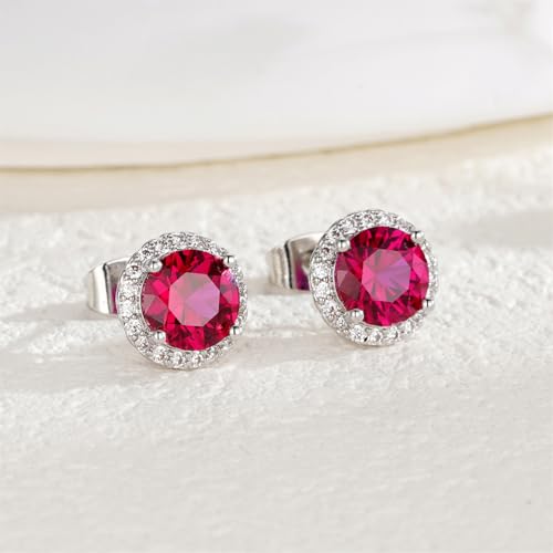 YOMELA Round Cubic Zirconia Stud Earrings for Women | Everyday Dainty, Diamond-Like Brilliance, CZ Halo Birthstone Studs, Hypoallergenic & Lightweight, Elegant & Versatile - color: Ruby Red