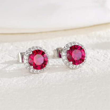 YOMELA Round Cubic Zirconia Stud Earrings for Women | Everyday Dainty, Diamond-Like Brilliance, CZ Halo Birthstone Studs, Hypoallergenic & Lightweight, Elegant & Versatile - color: Ruby Red
