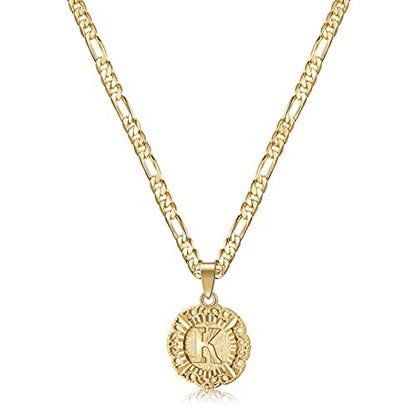 KissYan Initial Necklaces for Women, 14K Gold Plated Round Letter Pendant Capital Monogram Necklace Alphabets from A-Z Figaro Chain Jewelry - color: Gold, style: K