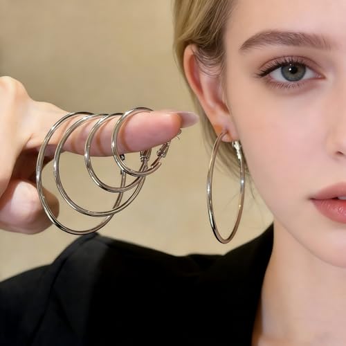 4 Pairs Silver Hoop Earrings for Women 30/40/50/60mm | Hypoallergenic, Stainless Steel, Big Thin Lightweight, Dangle Set - color: 4 Pairs Silver-30/40/50/60mm