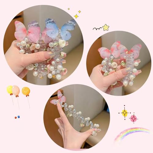 5pcs Telephone Wire Hair Bands Spiral Hair Ties,Pearl Telephone Cord Hair Ties Hair Scrunchies Decorative Hair Ties No Damage Ponytail Holders,Butterfly Flowers Beaded Hair Ties for Women Girl