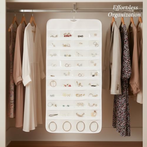 Hanging Jewelry Organizer, Vertical Closet Storage with Clear Pockets for Necklaces and Earrings, Polyester Roll-Up Bag (1 PC) - color: White