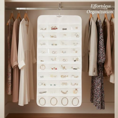 Hanging Jewelry Organizer, Vertical Closet Storage with Clear Pockets for Necklaces and Earrings, Polyester Roll-Up Bag (1 PC) - color: White