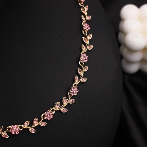 Austrian Crystal Rhinestone Choker Necklace Elegant Flower Leaf Chain Necklace Jewelry for Party Prom Costume Accessories for Women - color: Pink-Gold Plated