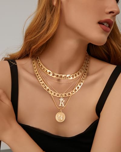 MJartoria Layered Necklaces for Women Trendy Retro Coin Crown Letter Pendant Necklace Dainty Chunky Chain Choker Necklaces for Jewelry Birthday Gifts - style: K