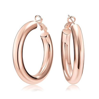 SHOWNII Chunky Gold Hoop Earrings - 14K Gold Plated Earrings for Women Hollow Tube Lightweight Thick Hoops 20/25/30/40mm Valentines Graduation Mother's Day Birthday Gifts - color: 40 Millimeters-Rose Gold Plated