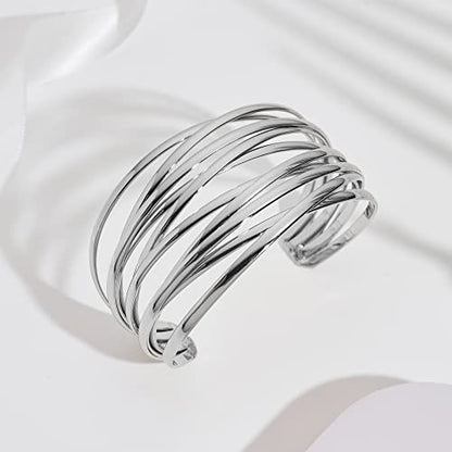 WOWORAMA Chunky Cuff Bracelets for Women Multi-layer Cross Wire Open Bangle Bracelet Adjustable Chunky Wide Open Wrist Arm Cuffs Wrap Bracelet Gold/White Gold - color: White-Gold Cross Wire Cuff
