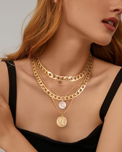 MJartoria Layered Necklaces for Women Trendy Retro Coin Pendant | Dainty Chunky Chain, Choker Necklaces, Jewelry Birthday Gifts - color: Golden, style: Zodiac-Aquarius-3PCS Layered