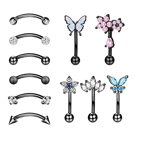 10PCS 16G Eyebrow Rings Set, Surgical Steel Curved Barbell Piercing Jewelry for Women Men, Helix Rook Daith Tragus Cartilage Earrings, Butterfly Heart Flower Spike Design, 8mm Bar - color: B-11Pcs-Black-8mm