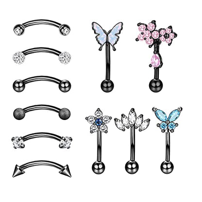 10PCS 16G Eyebrow Rings Set, Surgical Steel Curved Barbell Piercing Jewelry for Women Men, Helix Rook Daith Tragus Cartilage Earrings, Butterfly Heart Flower Spike Design, 8mm Bar - color: B-11Pcs-Black-8mm