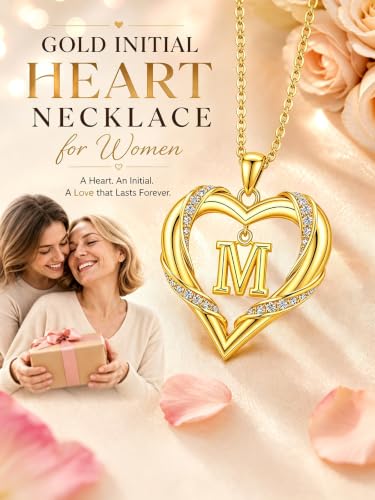 Midari 18K Gold Initial Letter Necklace for Women 18K Gold Initial Heart Capital Monogram Necklace for Mom Wife Alphabets from A-Z - color: M