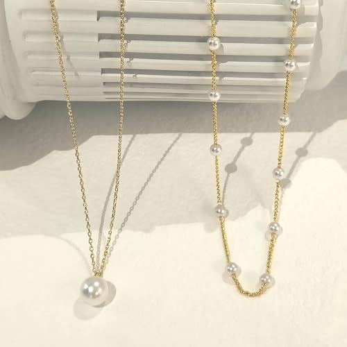Zeffy Gold Pearl Necklace for Women, Dainty 14K Gold/Silve Plated Layered Pearl Choker Pearl Earrings Pearl Bracelets Wedding Trendy Gold Jewelry Set for Women Gifts - style: Gold Pearl Necklace-2PCS