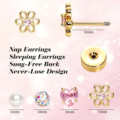 4 Pairs Gold Tone Stainless Steel Stud Earrings Set Hypoallergenic Screw Back Earrings with Pearl Flower Heart and Crystal Ball Designs for Women