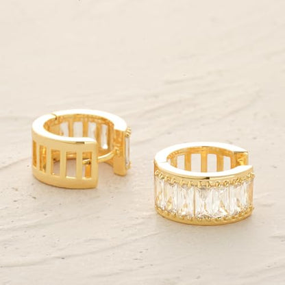 Women Gold Earrings Huggie Hoop Cubic Zirconia 14K Gold Plated Small Simple Hypoallergenic Everyday Jewelry - style: Baguette
