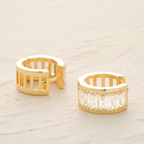Women Gold Earrings Huggie Hoop Cubic Zirconia 14K Gold Plated Small Simple Hypoallergenic Everyday Jewelry - style: Baguette