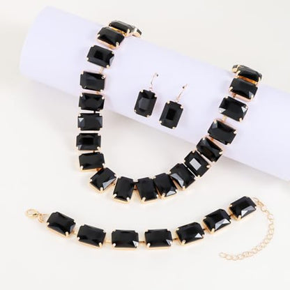 KOSMOS-LI Rectangle Faux Crystal Jewelry Sets Includ Necklace Bracelet Earrings For Women Stocking Stuffers - color: black