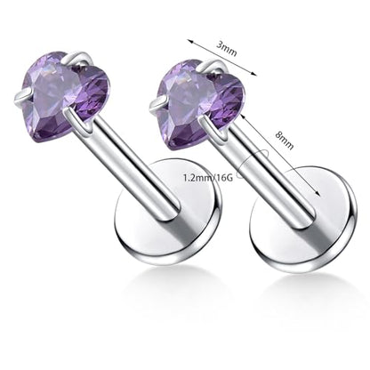 BelezaDosas G23 Titanium Labret Studs Threadless 16G Lip Rook Lobe Tragus Helix Cartilage Push Back Earring Piercing Jewelry - style: 1 piar love purple