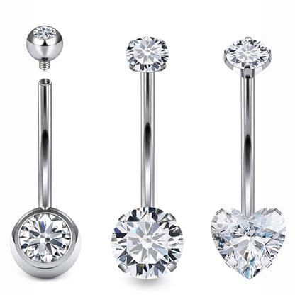 Belly Button Rings Surgical Steel Internally Threaded Belly Button Ring 10MM/12MM/14MM/16MM Navel Rings for Women Clear CZ 14G Long Bar Navel Piercing Jewelry - color: silvertone, size: 16mm bar length