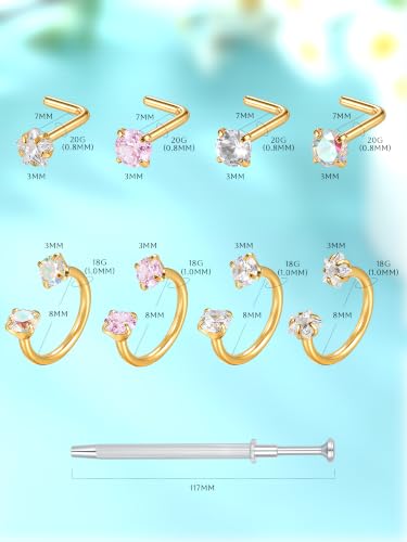 Aumeo Horseshoe 18G Nose Rings 8mm for Women, Surgical Steel 20G L Shaped Nose Rings Studs 7mm, Internally Threaded Tragus Cartilage Helix Earrings, Silver/Gold - style: Gold, 4pcs horseshoe nose rings