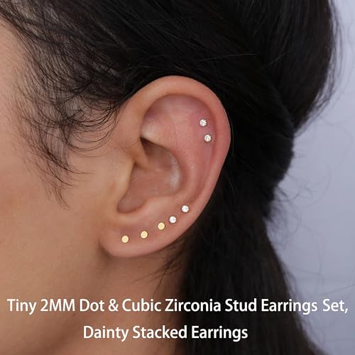 6Pairs 2mm/3mm Surgical Steel Hypoallergenic Piercing Studs, 20G 14K Real Gold Filled Tiny Stud Earrings Set for Multiple Hole Piercing (Cubic Zirconia, Pearl, Ball) - style: P : 2MM, Gold, Dot&CZ, 6 Pairs