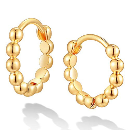 Dremmy Studios Dainty CZ Huggie Hoop Earrings 14K Gold Plated Chunky Simple Cute Thick Round Frill Bead Ball Starburst Cuff Earrings Cubic Zirconia Hoop Earrings Minimalist Personalized Gift for Her - color: Bead C