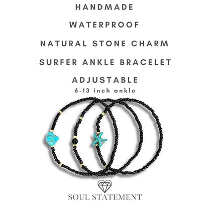 Boho Shell Anklets for Women, 3-Pack Layered Waterproof Ankle Bracelet, Seashell & Starfish Bead Foot Jewelry for Summer Beach Outfits - color: Starfish Black