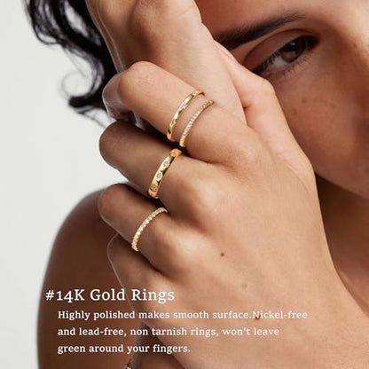 EXGOX Dainty Stackable Gold Rings - 14K Gold Plated, Non Tarnish Cubic Zirconia Stacking & Thumb Knuckle Rings (4pcs Size 7-11) - color: Shiny Star Style, size: 11