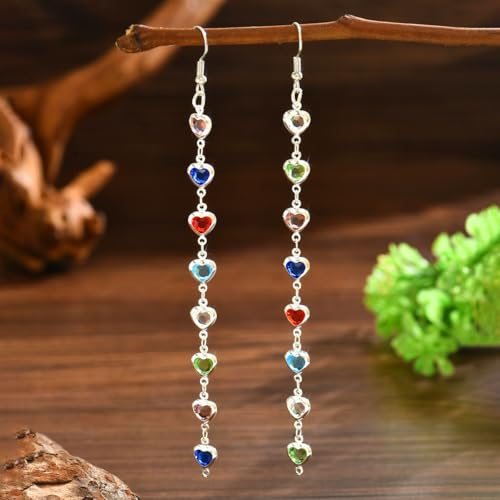 Sparkly Crystal Heart Long Chain Drop Earrings For Women Colorful Love Heart Tassel Statement Dangle Earrings Birthday Prom Jewelry Gifts - color: Silver