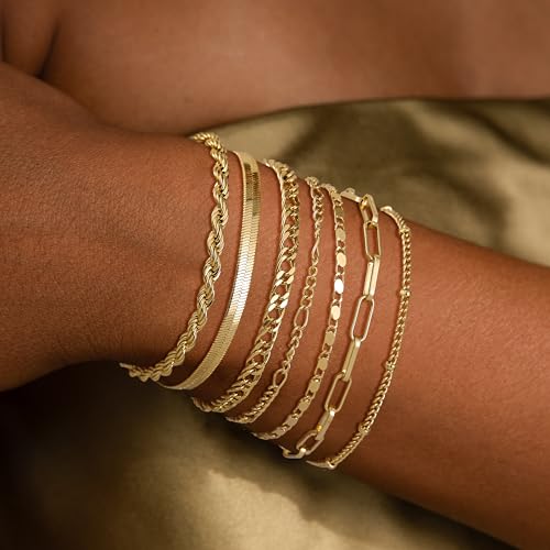Kyerlyn Gold Bracelets for Women Waterproof, 14K Real Gold Jewelry Sets for Women Trendy Dainty Stackable Cuban Link Paperclip Chain Bracelet Pack Fashion Accessories Gifts - style: G-3