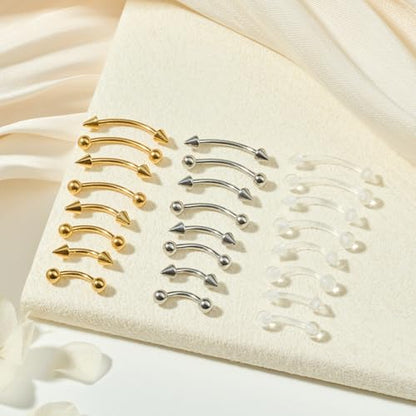 FECTAS 24PCS Eyebrow Rook Piercing Jewelry 16G Earrings Vertical Labret Lip Jewelry Curved Barbell Eyebrow Rings Ear Rook Helix Conch Daith Piercing Jewelry 6/8/10/12mm Plastic Retainers - color: silver,gold,clear