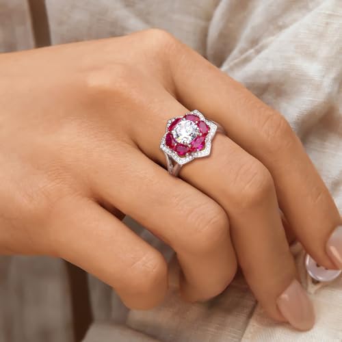 Flower Cocktail Ring for Women Stone Engagement Anniversary Rings | Sterling Silve|Hypoallergenic|Ruby|Sapphire|Emerald|Wedding and Birthday Party Women Statement Ring|Mother and Grandma Gift - color: Ruby (July)