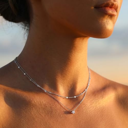 Layered Choker Necklace for Women Stackable Chain Dainty Zircon Pendant Set | 2PCS, Silver/14K Gold Plated, Box/Ball/Rope/Lip chain, Layering Diamond Cut CZ Pendant, Dainty Thin Chain, Trendy Prom Gift - color: Silver, style: Style 03