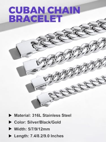Richsteel Gold/Black/Silver Cuban Link Bracelet for Men,5/7/9/12MM Width | 316L Stainless Steel Chain Wrist Bracelet, Waterproof, No Tarnish, Hypoallergenic Hip Hop Jewelry, with Gift Box - color: 01-Stainless Steel 5mm Width
