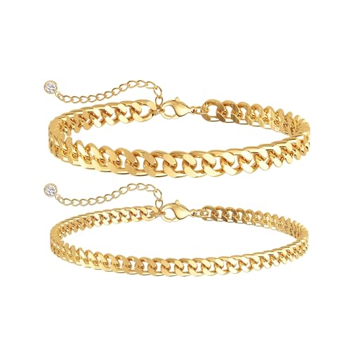 Tewiky Chunky Ankle Bracelets for Women,Dainty Layered Waterproof Anklet for Women Adjustable Cuban Set Stackable Cute Summer Beach Jewelry Gift - color: gold