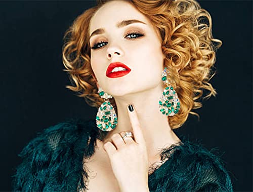Rhinestone Statement Earrings Teardrop Costume Earrings Cluster Crystal Chandelier Drop Dangle Earrings for Women - color: Green