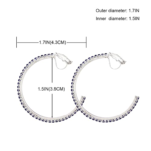 YOQUCOL 4.3CM(1.7in) Clip On Hoop Earrings Cubic Zirconia Non Pierced Ears Hoops for Women - color: Silver-Blue