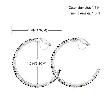 YOQUCOL 4.3CM(1.7in) Clip On Hoop Earrings Cubic Zirconia Non Pierced Ears Hoops for Women - color: Silver-Blue