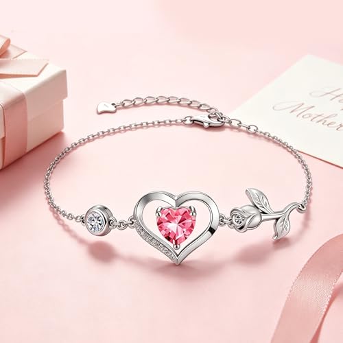 1CT Rose Heart Birthstone Bracelet for Women Love Gift - style: 10-Oct Pink Silver