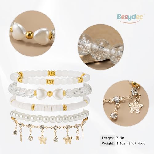 Besydec Stackable Boho Beaded Bracelets With Natural Stone & Pearl Heart & Clay Beads for Women,Adjustable Silver Jewelry - color: White