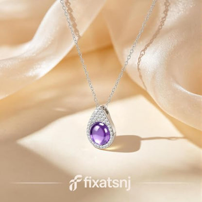 Women Trendy Faux Crystal Pendant Necklace 18K Gold/Silver Plated | CZ Halo Teardrop Drop Pendant Necklace Lightweight Fashion Jewelry Set Stackable For Wedding Daily Wear - color: Purple